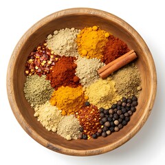 mix of spices in wooden bowl isolated on a white background with copy space for your text. Top view. Flat lay. Set or collection
