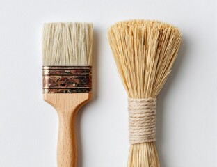 Two paintbrushes, one traditional and one textured, on a white background.  Close-up, side-by-side view showcasing the differences in bristle material and handle