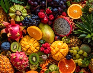 A vibrant and colorful assortment of fresh fruits, including mangoes, oranges, kiwi, and dragon fruit.
