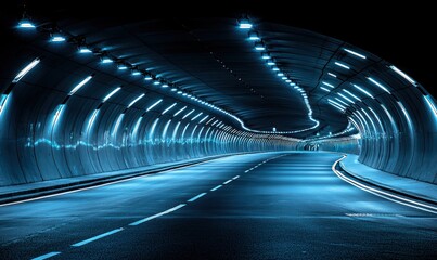 Modern tunnel at night, lit by blue lights