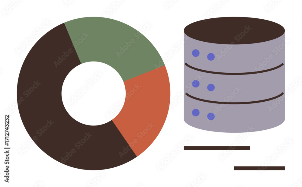 Poster pie chart divided into segments beside a stack of server icons with lines indicating data flow. idea