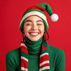 Photo of a happy woman in a green turtleneck and Christmas hat on a red background scarf christmas smiling.