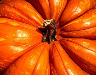 Close-up view of a vibrant orange pumpkin, showcasing its textured surface and stem.