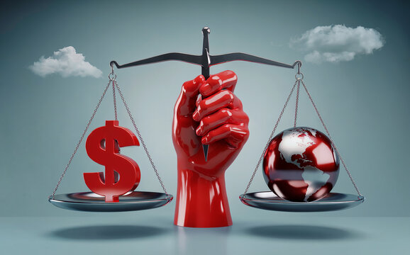 Red Fist Holding Scales of Justice Balancing Economy and the World