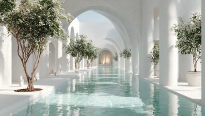 Elegant, light-filled spa corridor with a tranquil pool