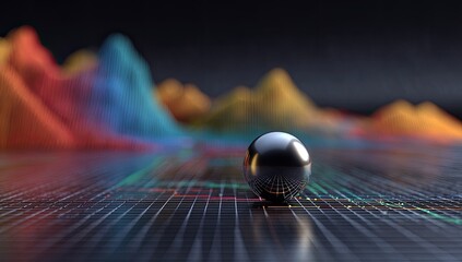 A metallic sphere rests on a digital grid, with colorful, abstract data visualizations in the background