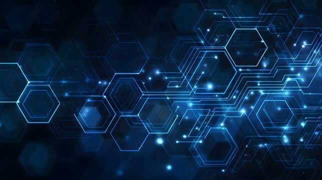 Futuristic Digital Network: Glowing Hexagons and Circuitry on Dark Blue Background.