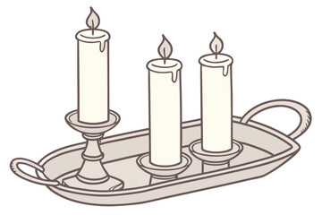 Obraz premium Three Lit Cream Candles with Dripping Wax in a Grey Candelabra Cartoon Style.