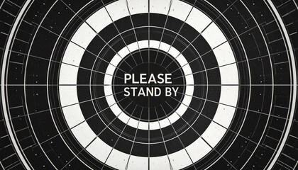 A black and white graphic screen displaying a 'please stand by' message with a circular loading animation.