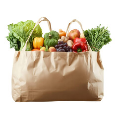 Kraft paper bag filled with different fruits and vegetables isolated on transparen background (PNG)