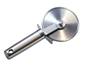 “Shiny Stainless Steel Pizza Cutter with Round Blade, isolated on a transparent background”.