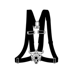 Black and White Racing Harness with Buckles and Straps, Isolated View.