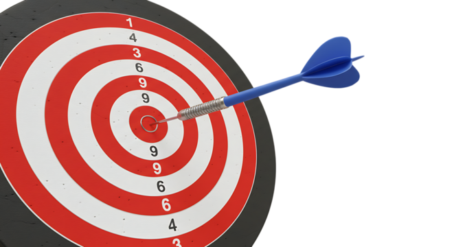 Blue dart arrow perfectly hitting the bullseye on a red and white circular target isolated on white background