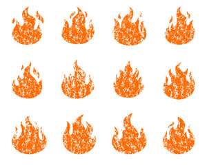 Set of grunge textured fire flame icons, distressed vector illustration for heat, energy, danger and hot symbol design.