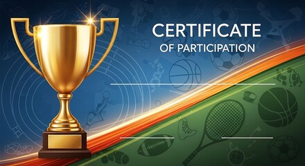 Sports Certificate of Participation Template with Golden Trophy Award.