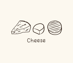 Cheese sketch logo. Design template for label, sign, wrapping. Hand drawn vector illustration. Cheeses card background for text, dairy products, menu, farm. Food made pressed curds milk