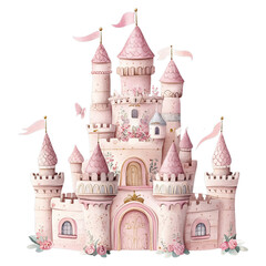 Watercolor Princess Castle with Floral Details