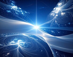 Abstract digital art piece featuring a bright light source with flowing, ethereal blue lines and patterns.