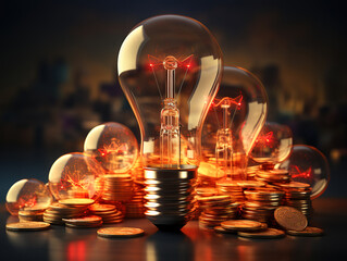 Energy cost increase concept shown by a light bulb on gold coins with a red arrow