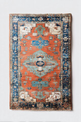 Oriental Rug with Geometric Medallion Design in Terracotta, Blue, and Ivory Tones