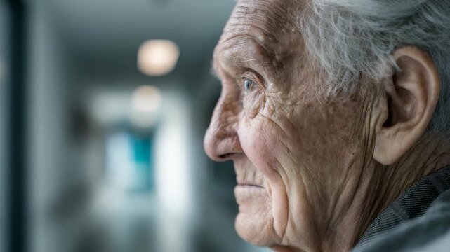 An aged man in the hospital corridor looks ahead with a hopeful gaze, embodying strength and resilience amidst health struggles, inspiring those nearby with his calm demeanor and unwavering optimism