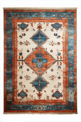 Oriental Rug with Geometric Medallion Design in Terracotta, Blue, and Ivory Tones