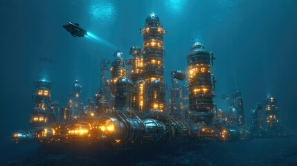 Fototapeta premium Illuminated underwater city showcases advanced mining technology