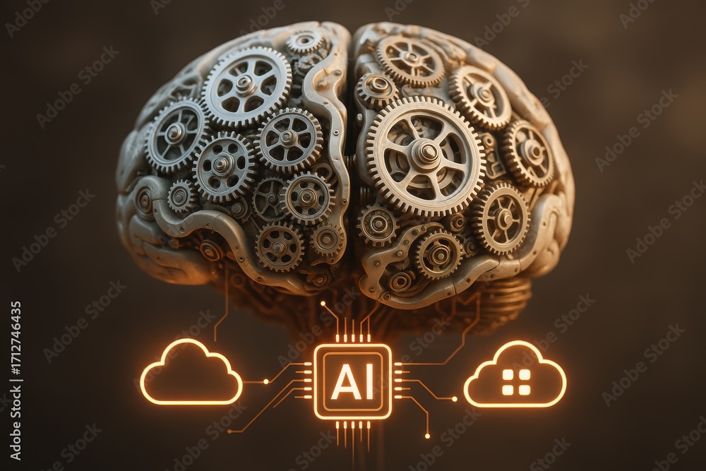 Poster ai-powered brain: an intricate visualization of a mechanical brain, integrated with ai technology, g