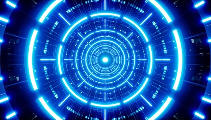 Futuristic circular tunnel with glowing blue lights