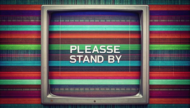 Retro TV screen displaying 'please stand by' message with static stripes