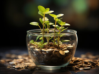 Tree growing inside a glass cup among coins symbolizing the investment in a sustainable future
