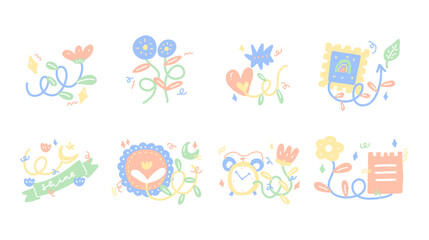 Fototapeta premium Colorful cartoon card and decorative vector illustration set with happy birthday candles and flower patterns