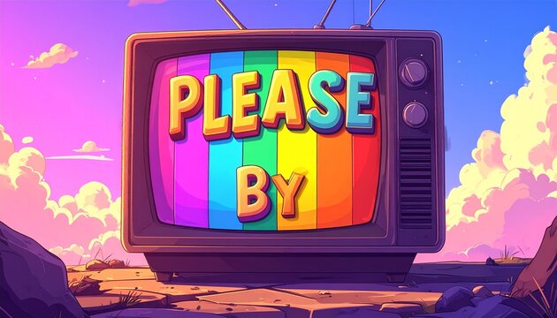 Retro TV with 'please stand by' message on a colorful screen against a vibrant sky with clouds
