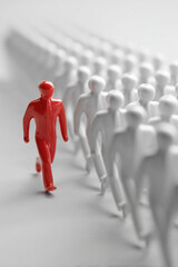 Minimal 3D Concept, Red Leader Figure Walking Ahead of White Crowd