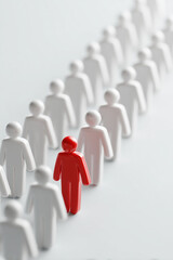 Minimal 3D Concept, Red Leader Figure Walking Ahead of White Crowd