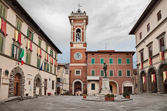 Foiano della Chiana, Arezzo, Tuscany, Italy: the main square with the civic tower and town hall (Palazzo Pretorio) in the historic center of the ancient village