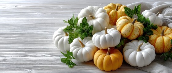 Colorful pumpkins and decorative plants create a cozy autumn atmosphere on a wooden shelf against a light backdrop