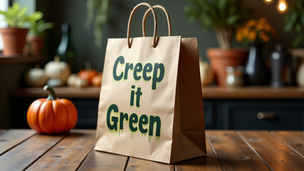 Reusable shopping bag with Creepy Green text standing on Halloween decorated table