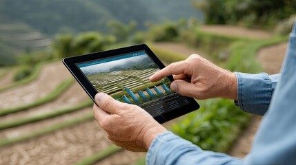 A person views financial market trends on a tablet while surrounded by vibrant rice terraces basking in natural light