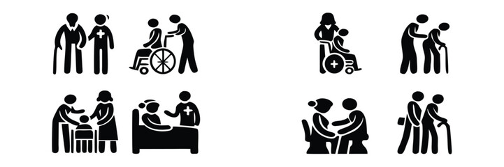 Set of black pictograms illustrating elder care, medical assistance, and disability support with doctor, nurse, and patient icons 
