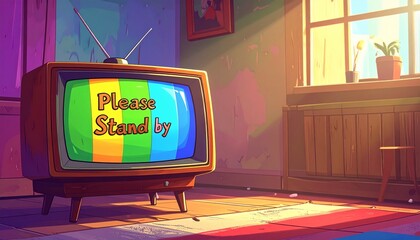 Retro TV displaying 'Please stand by' message in a cozy living room with warm sunlight