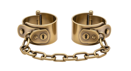 Isolated steampunk brass shackle with padlock and chain, bondage accessory for roleplay
