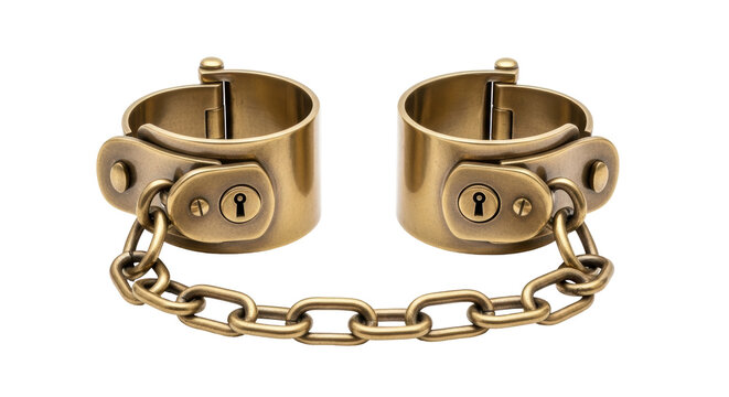 Isolated steampunk brass shackle with padlock and chain, bondage accessory for roleplay