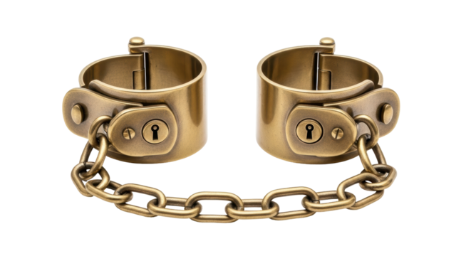Isolated steampunk brass shackle with padlock and chain, bondage accessory for roleplay
