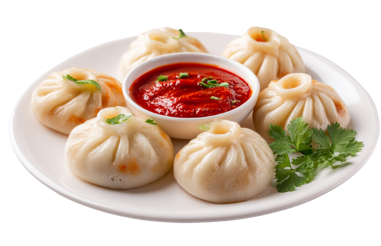Steamed momos with tomato sauce isolated on transparent background, a popular asian cuisine