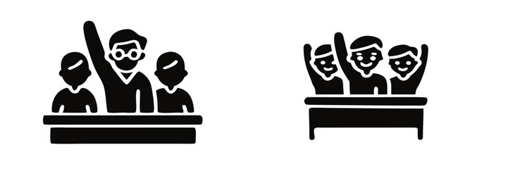 Classroom participation solid glyph icon set with students raising hands to ask questions or volunteer during a lesson 
