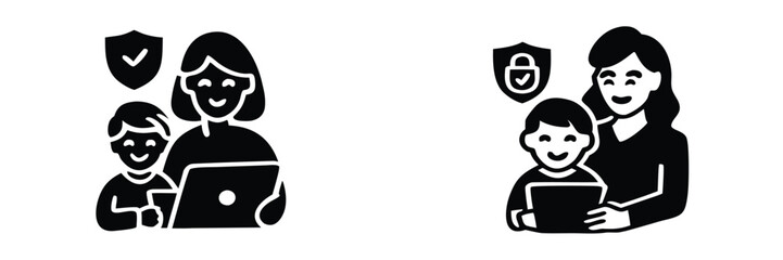 Parental control and online safety icon set with mother and child using a laptop for secure internet browsing and family protection 
