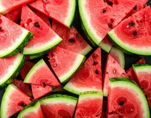 Close-up view of many fresh, juicy watermelon slices with seeds and green rind.