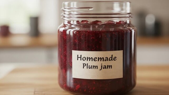 Homemade Plum Jam in a Glass Jar: A Rich and Delicious Spread Perfect for Toasts, Desserts, and Breakfast Treats to Savor Every Bite with Delightful Flavor