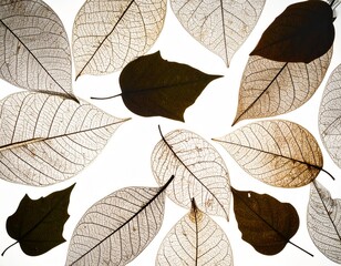 A collection of dried leaves with visible veins, some dark and some translucent, scattered on a white background.
